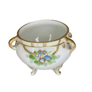 Nippon Hand Painted 3-Footed Bowl Flowers Gold Trim & Beading